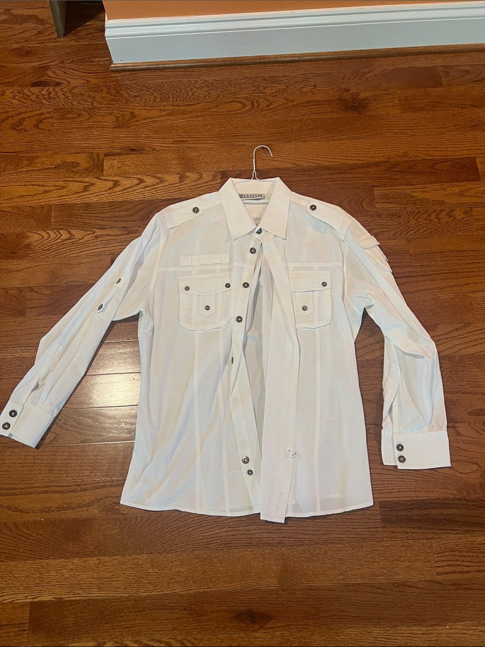Men's White Long-Sleeve Utility Dress Shirt with Chest Pockets